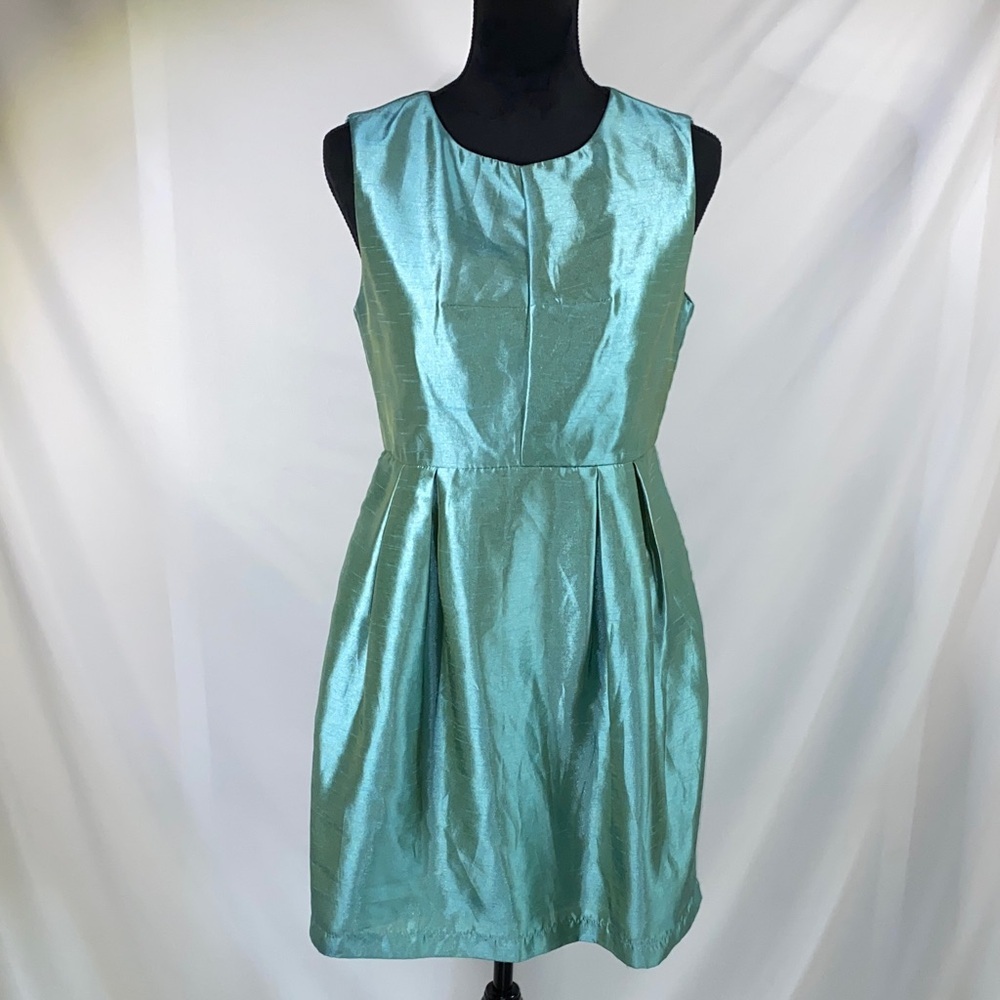 Ya Los Angeles Metallic Teal Sleeveless Pleated Fit Flare Dress Party Large